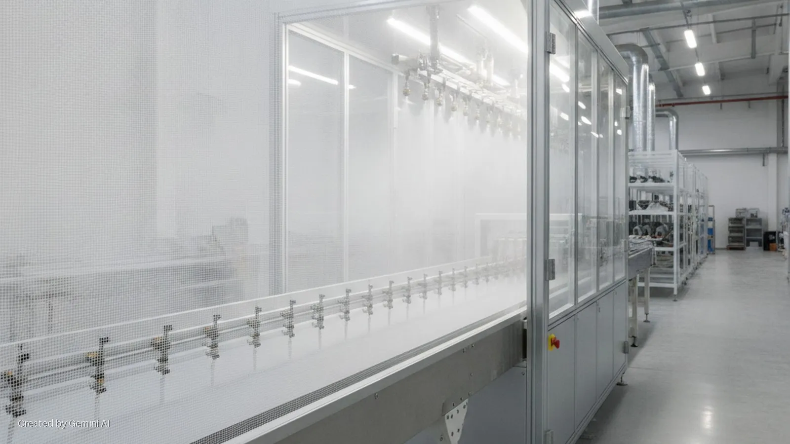 A brightly lit industrial facility shows a long processing line with multiple spray nozzles, enclosed by a mesh screen and clear panels, alongside rows of metal shelving under overhead fluorescent lights.