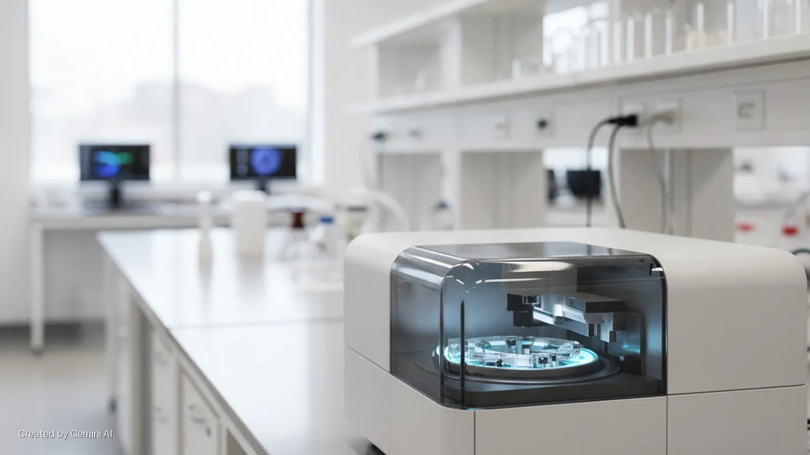 A modern white and grey scientific instrument with a translucent cover and glowing blue interior sits on a white lab bench in a brightly lit laboratory, with blurred computer screens and glassware shelves in the background.