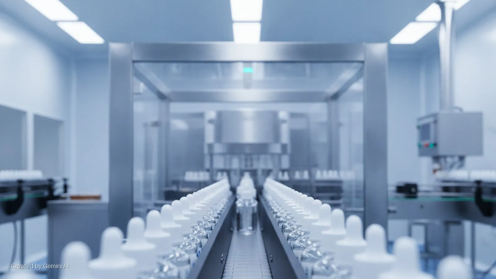 Brightly lit clean room showing rows of white-capped dropper bottles on a conveyor belt leading to filling machinery.
