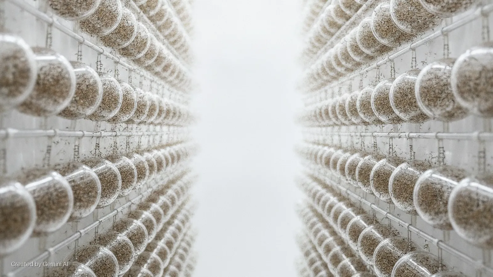 Two symmetrical walls of clear glass spheres filled with light brown seeds are neatly arranged on horizontal racks, converging towards a bright white central space.