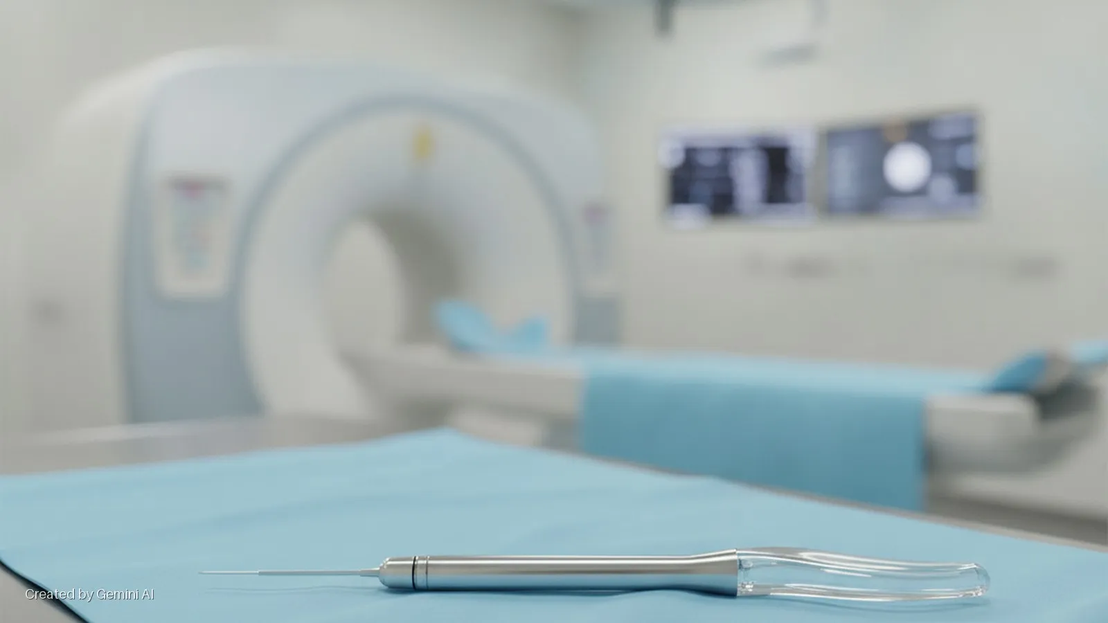 A metallic medical probe rests on a blue sterile sheet in a brightly lit imaging room featuring a CT scanner, patient bed, and diagnostic monitors.