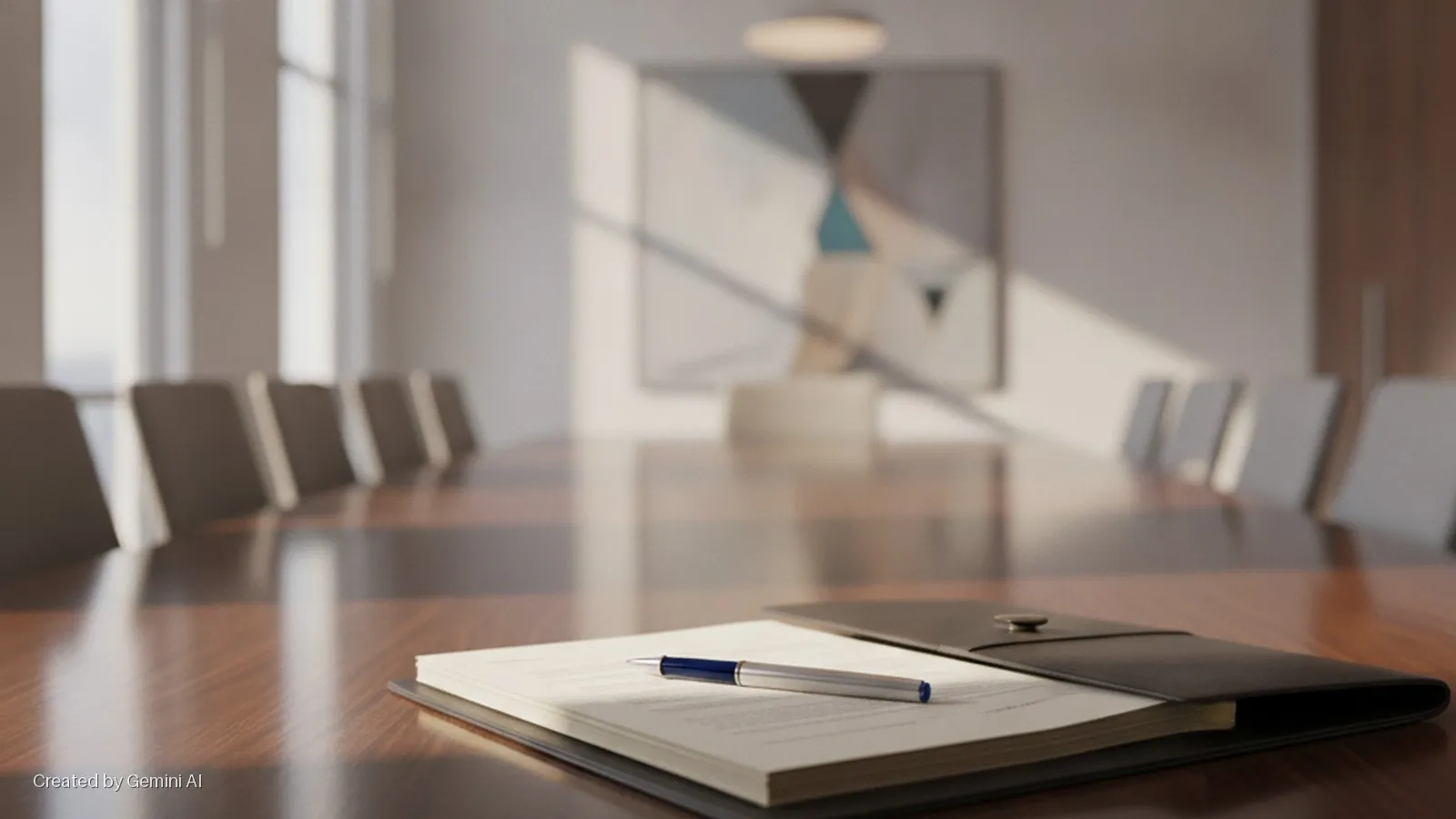 A blue and silver pen rests on documents within a black folder on a polished wooden conference table, illuminated by sunlight streaming into a modern meeting room with chairs and abstract art.