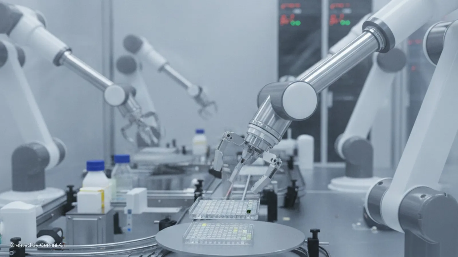 Brightly lit laboratory with multiple robotic arms manipulating microplates and bottles on a conveyor, with control panels in the background.