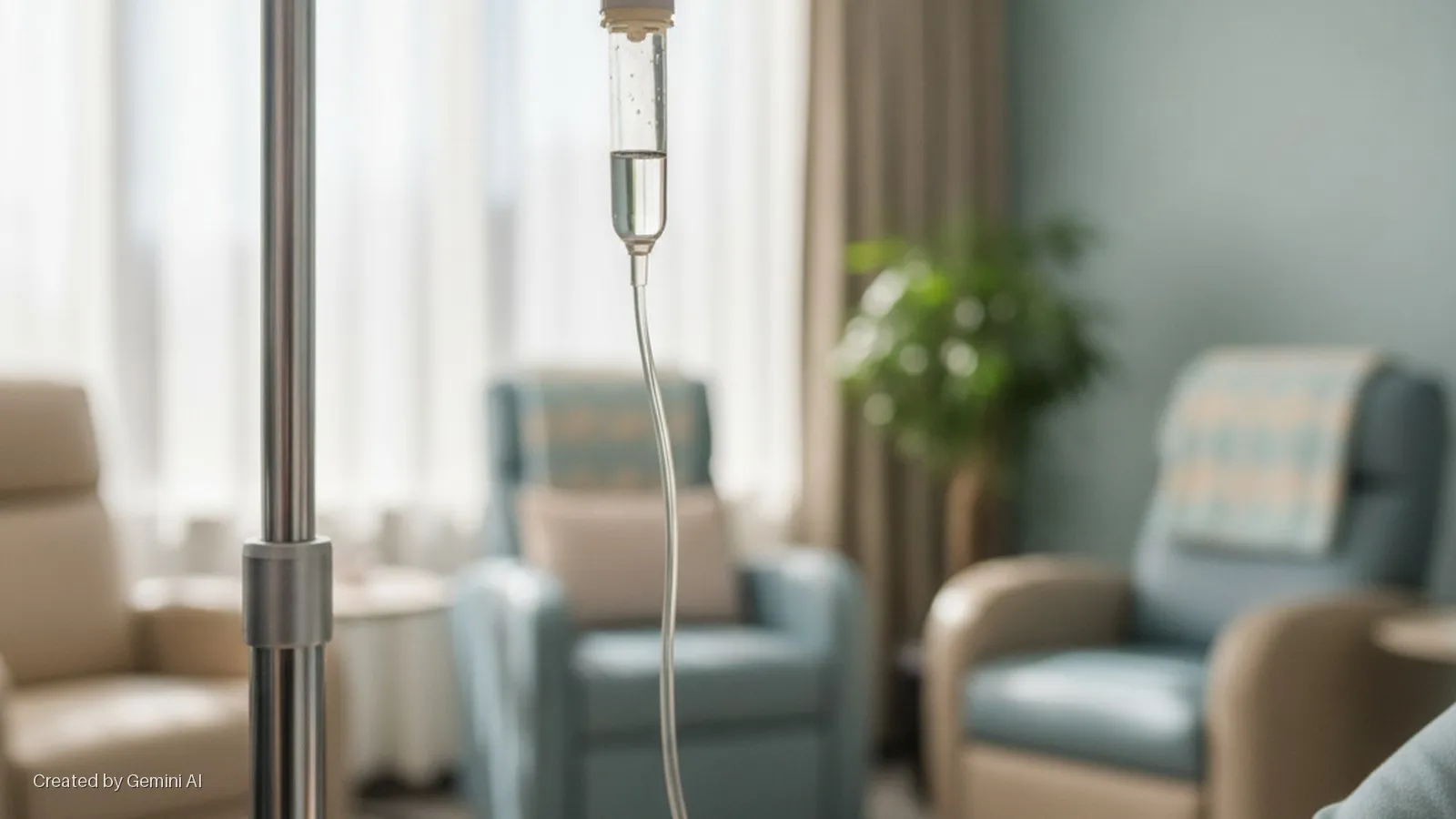 A close-up of an IV drip on a metal stand, with a brightly lit room containing several blurred recliners and a houseplant in the background.