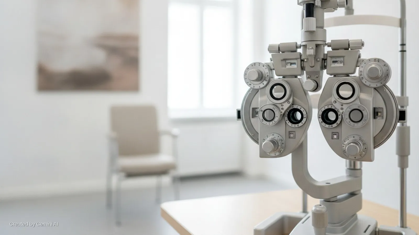 A gray phoropter sits on a light wooden table in a bright optometrist's office, with a blurry chair, window, and artwork visible in the background, all illuminated by natural light.
