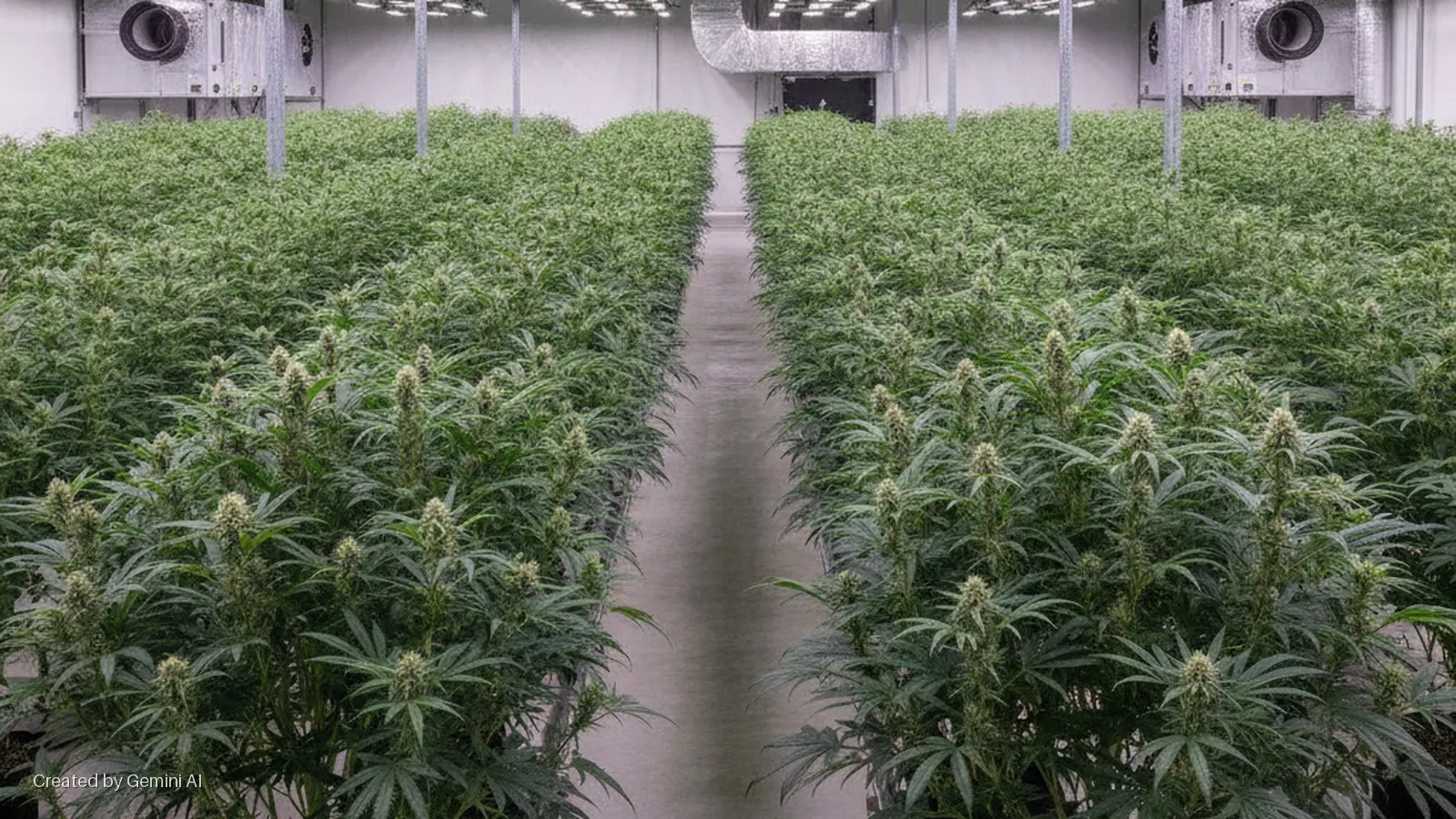 An indoor cultivation room features parallel concrete aisles separating dense rows of tall green cannabis plants bearing visible buds, illuminated by bright overhead lights, with white walls and metal ventilation ducts in the background.