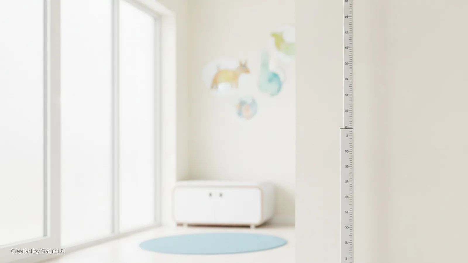 A brightly lit modern child's room features a height chart on the right wall, a large window on the left, a white storage cabinet, a blue circular rug, and blurred animal wall decals.