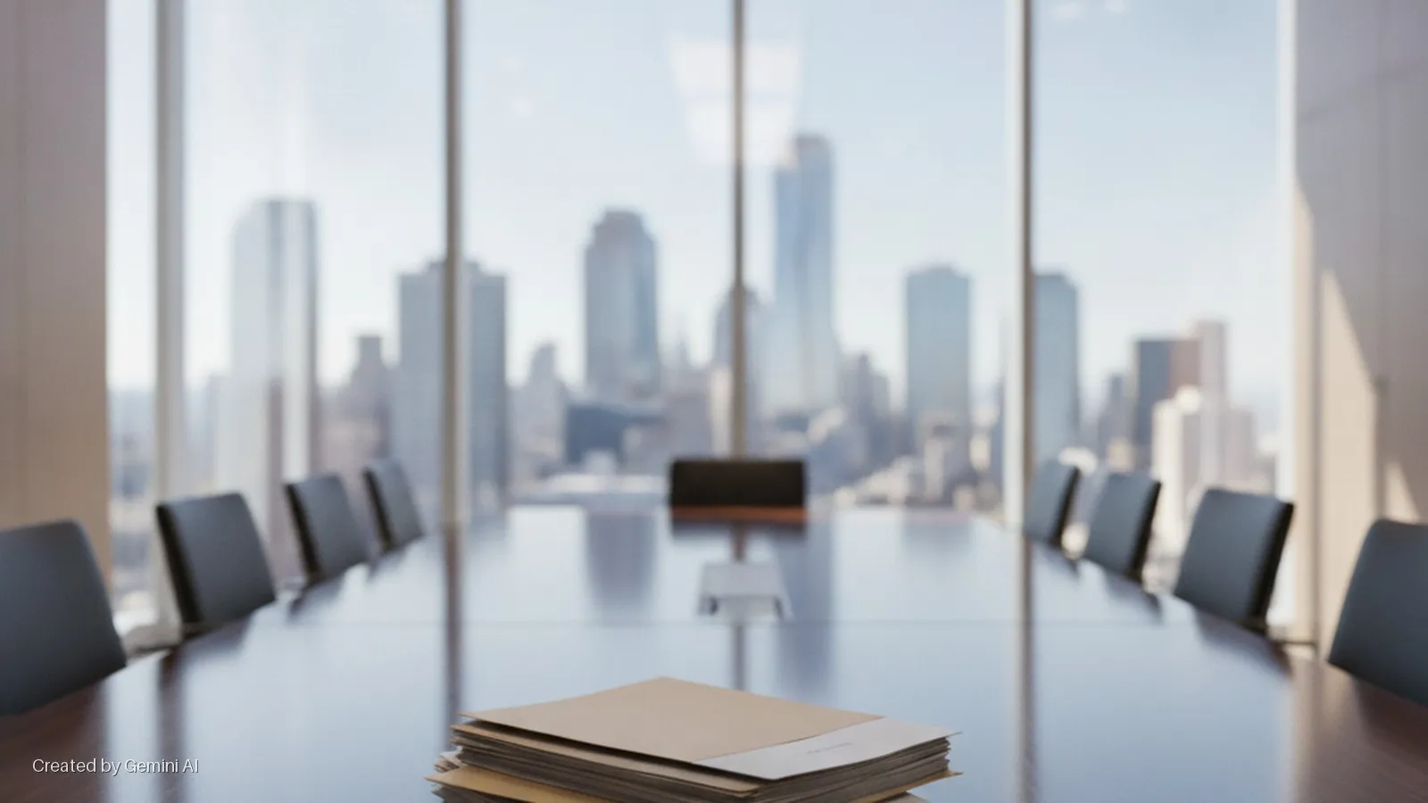 A bright conference room features a long, reflective conference table lined with black chairs, a stack of folders in the foreground, and large windows revealing a blurred city skyline.