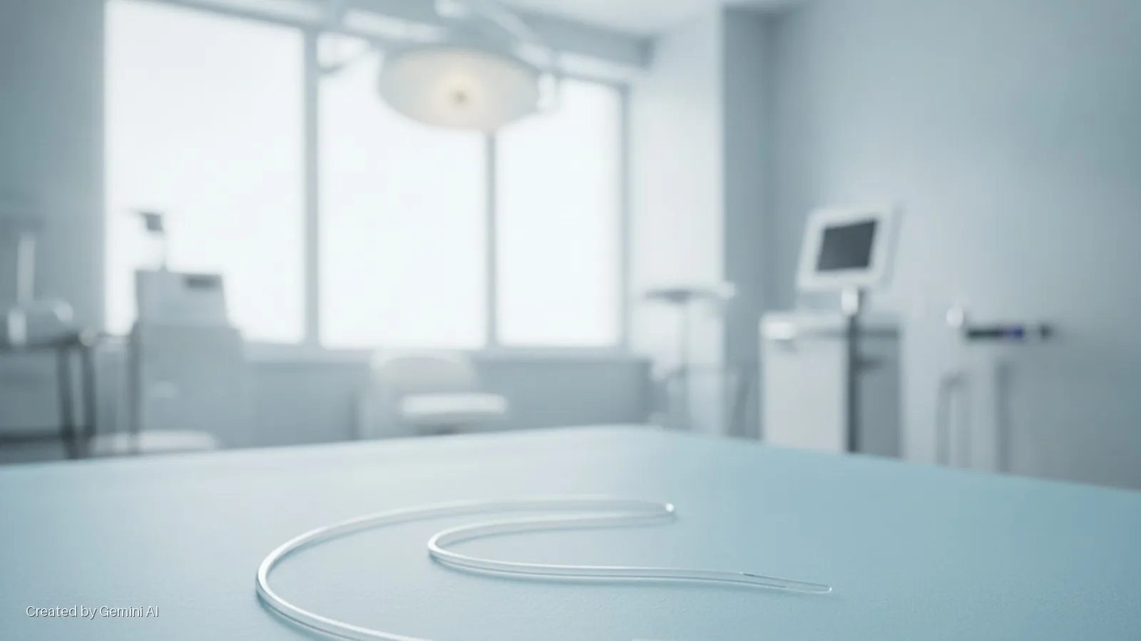 A thin, clear medical tube rests on a light blue table in the foreground of a brightly lit, sterile hospital operating room with blurred medical equipment and large windows in the background.