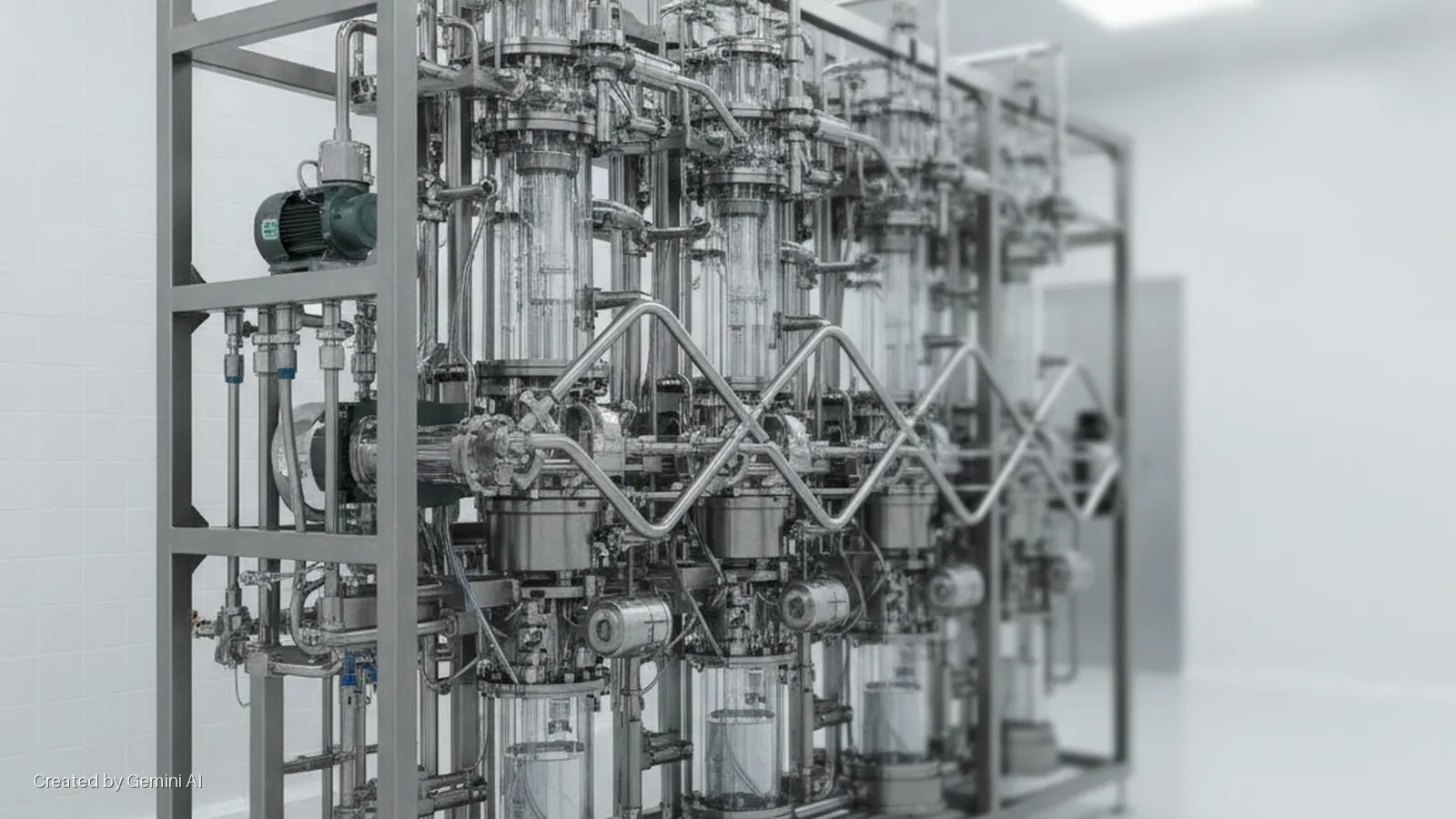 A large modular industrial system with multiple clear glass columns, stainless steel piping, valves, and a motor, positioned in a brightly lit cleanroom with white tiled and plain walls.