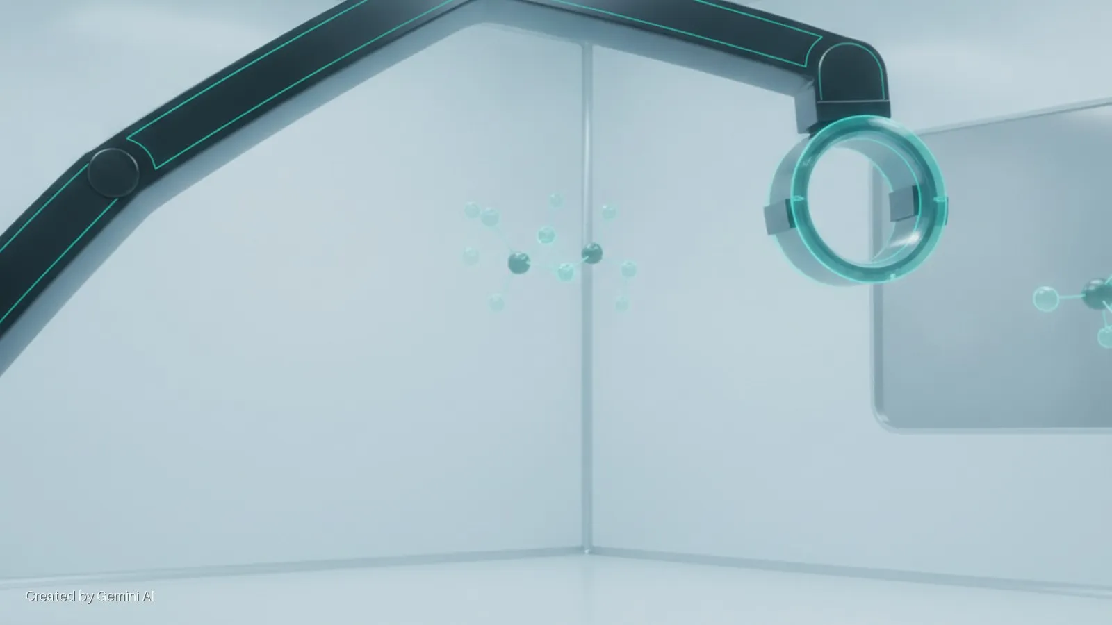 A sleek black robotic arm with a glowing teal circular scanner extends across a bright, minimalist laboratory space, illuminating a floating molecular structure while another is reflected on a sterile white panel.