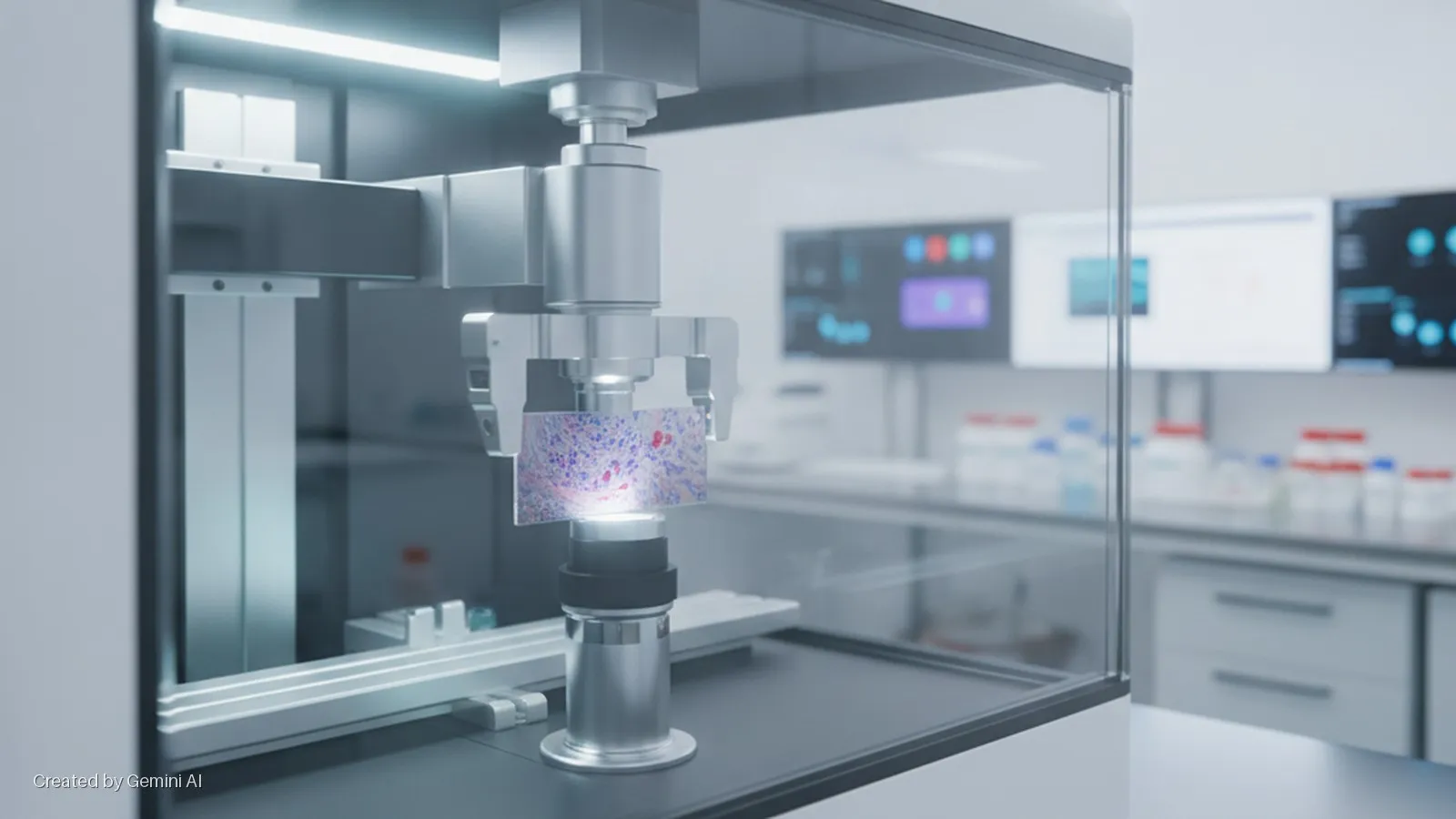 A robotic arm positions a glass slide with a stained tissue sample over a microscope objective and light source, inside a clear enclosure within a brightly lit, modern laboratory displaying computer screens and lab bottles.