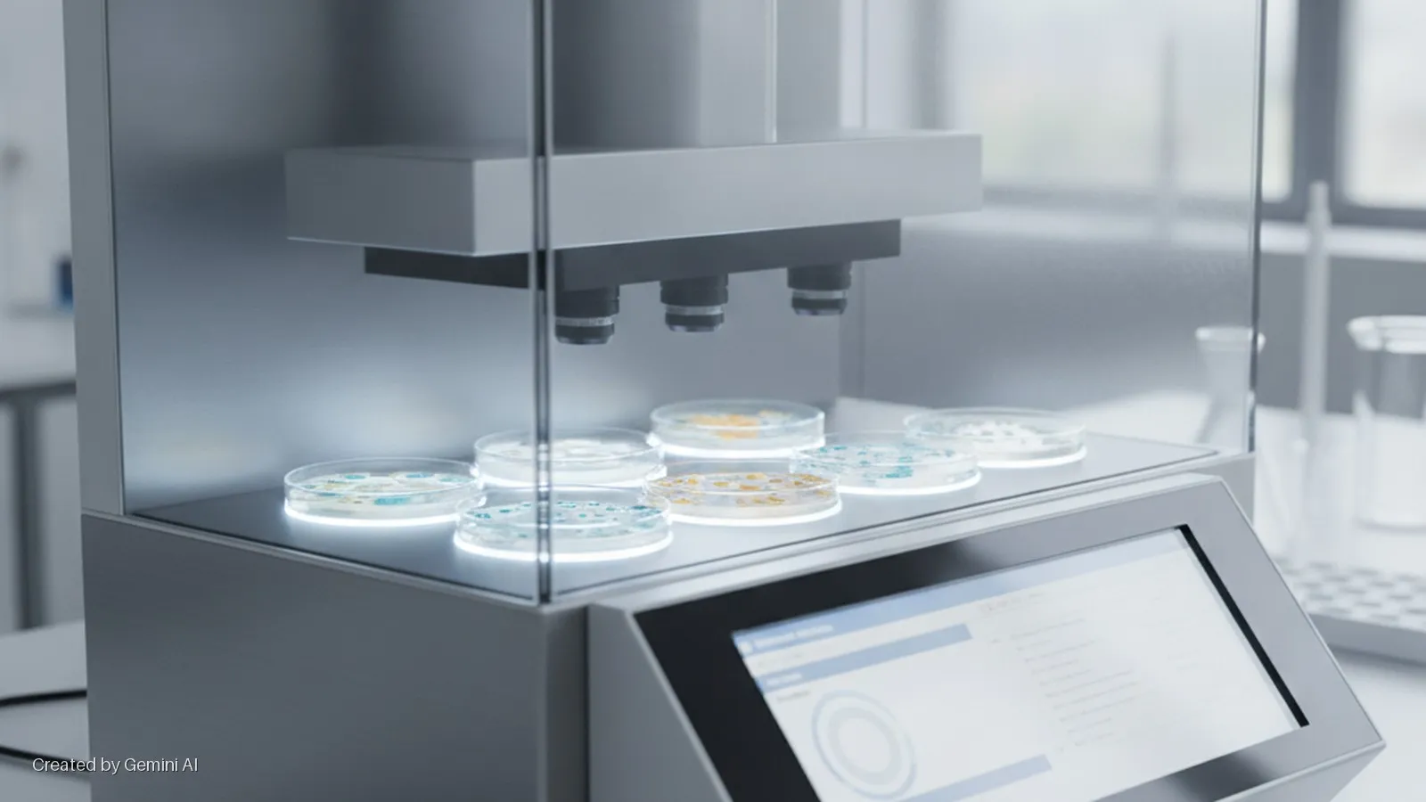 An automated laboratory instrument displays several illuminated petri dishes showing microbial growth under an array of optical lenses, featuring a touchscreen interface in a brightly lit laboratory setting.