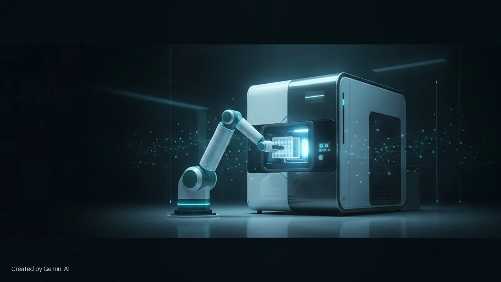 A white and teal robotic arm places a microplate into the glowing blue compartment of a sleek, dark scientific instrument in a dimly lit, futuristic laboratory.