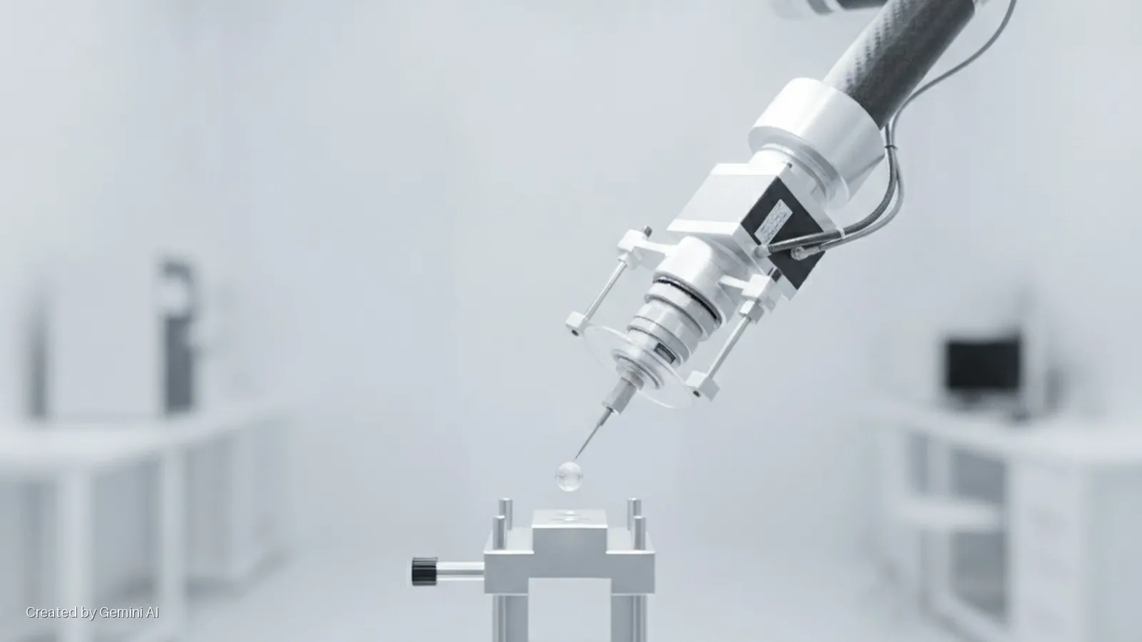 A robotic arm's probe approaches a small spherical calibration object on a metal stand in a bright, modern laboratory.