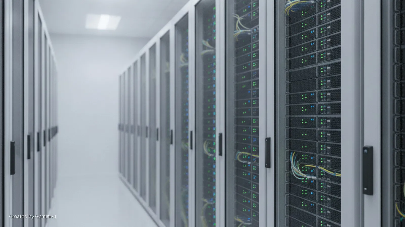 Rows of server racks with glowing green and blue indicator lights and colorful cables line a brightly lit, clean data center aisle.