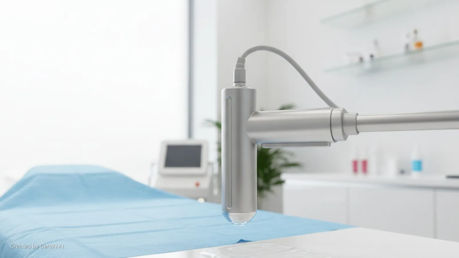A bright medical treatment room featuring a silver laser device poised over a white table, an examination bed with a blue sheet, and blurred medical equipment and white cabinets with shelves in the background.