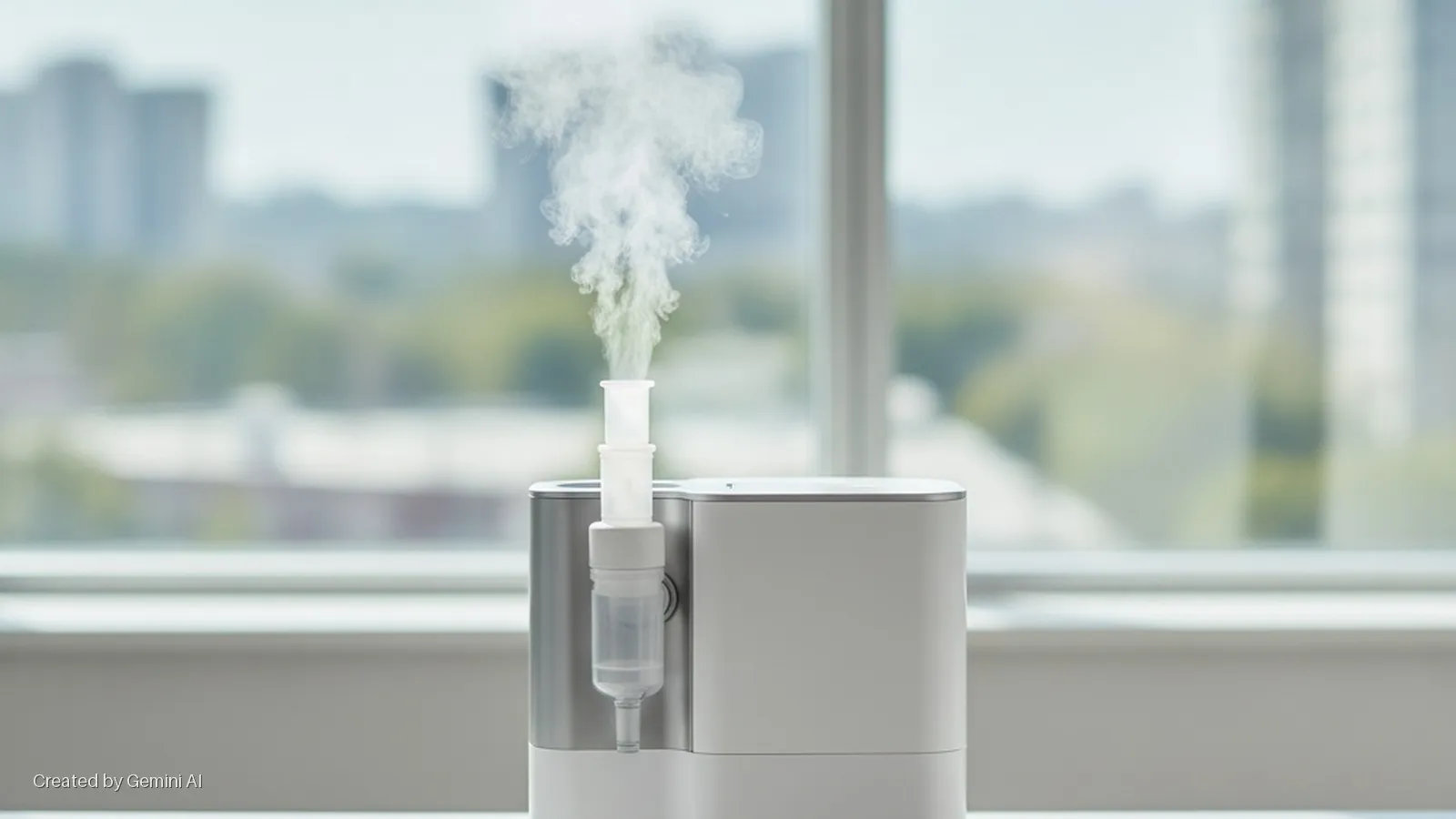 A white and silver medical nebulizer with a clear reservoir actively releases a stream of white mist while sitting on a table in front of a brightly lit window, revealing a blurred background of city buildings and trees.