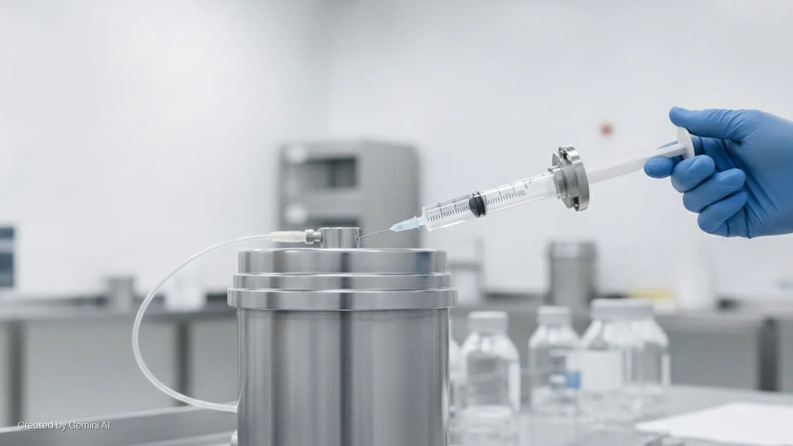 A gloved hand holds a marked syringe with its needle inserted into a cylindrical metal container, which is also connected by a tube, on a stainless steel surface in a brightly lit, sterile laboratory with other clear bottles in the backgrou