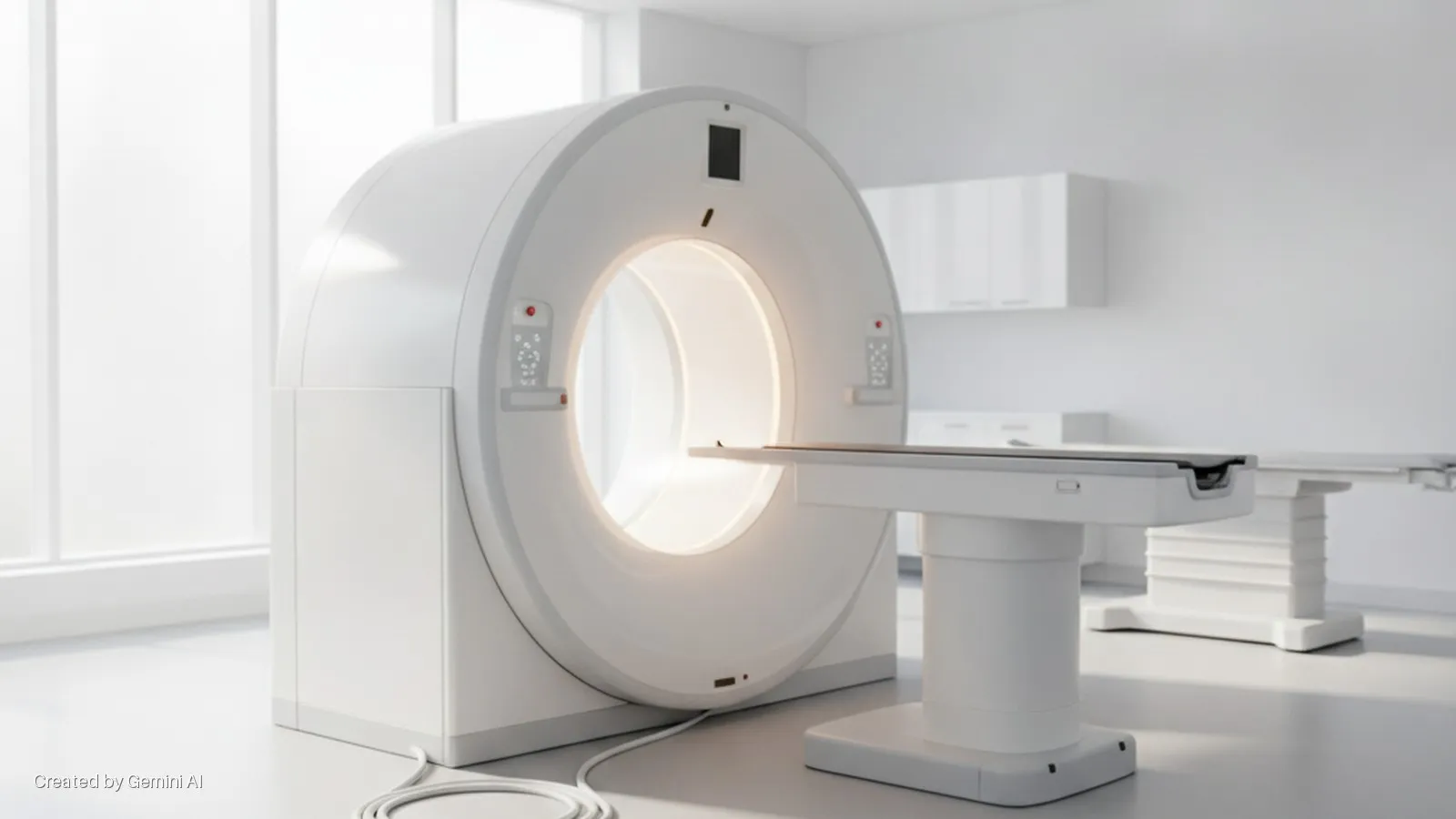 A brightly lit white medical examination room features a large CT scanner with an illuminated opening and an attached patient table, with wall cabinets and a large window in the background providing natural light.