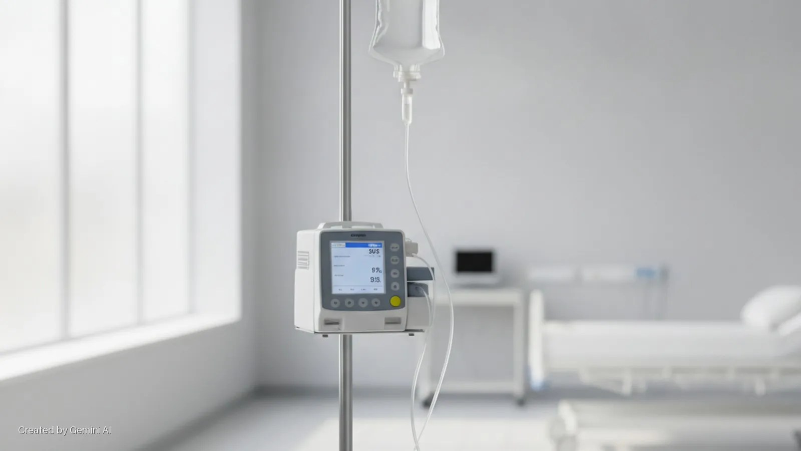 A brightly lit hospital room features an IV bag and pump mounted on a pole in the foreground, with a large window and a blurred hospital bed in the background.