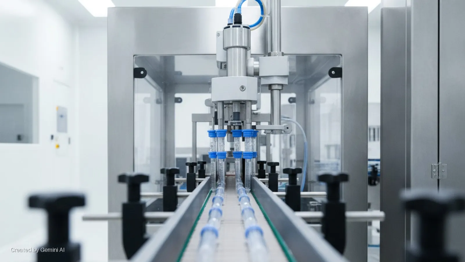Automated stainless steel machinery processes clear vials with blue caps on a conveyor belt in a brightly lit cleanroom.
