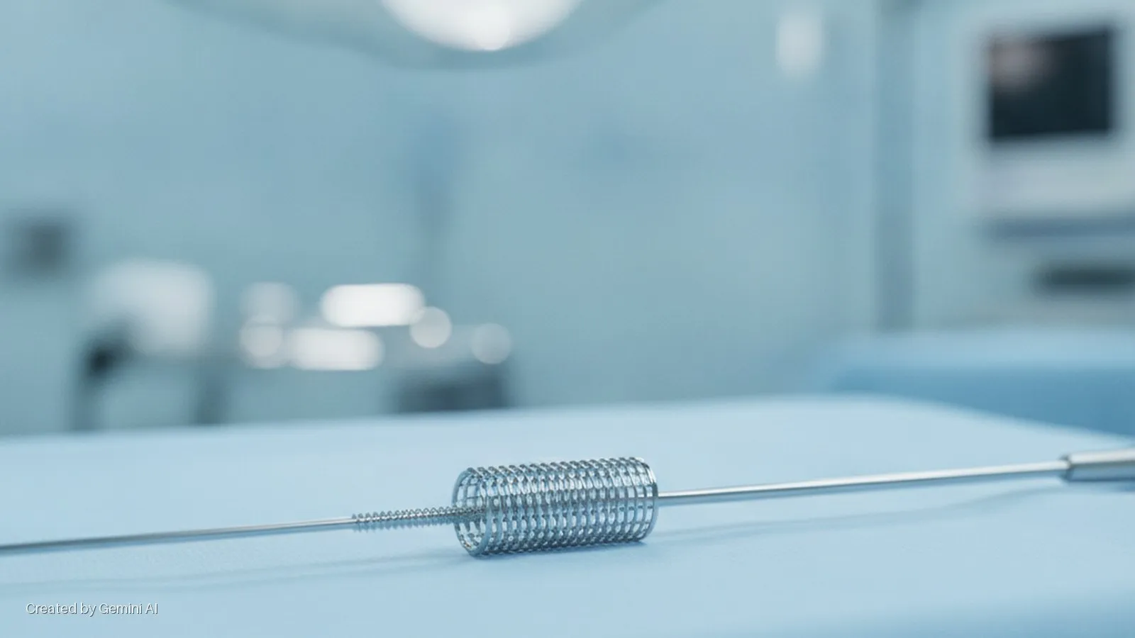 A metal medical stent attached to a delivery catheter lies on a blue sterile surface in a brightly lit operating room.