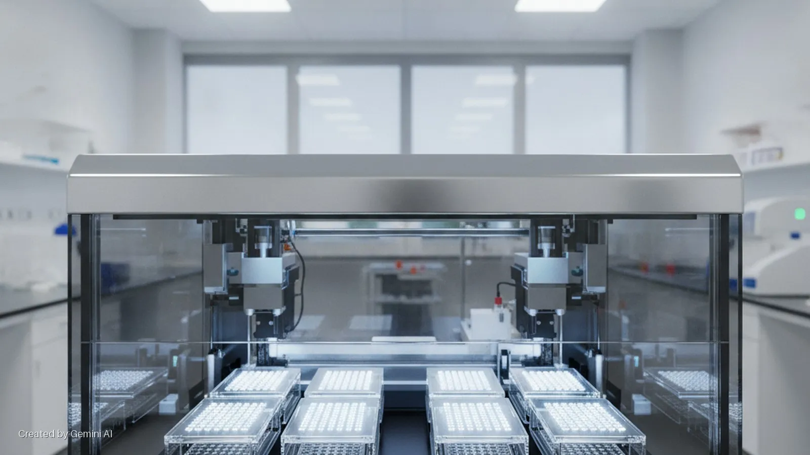 A bright, modern laboratory features an automated system with robotic arms handling multiple microplates inside a glass and metal enclosure.