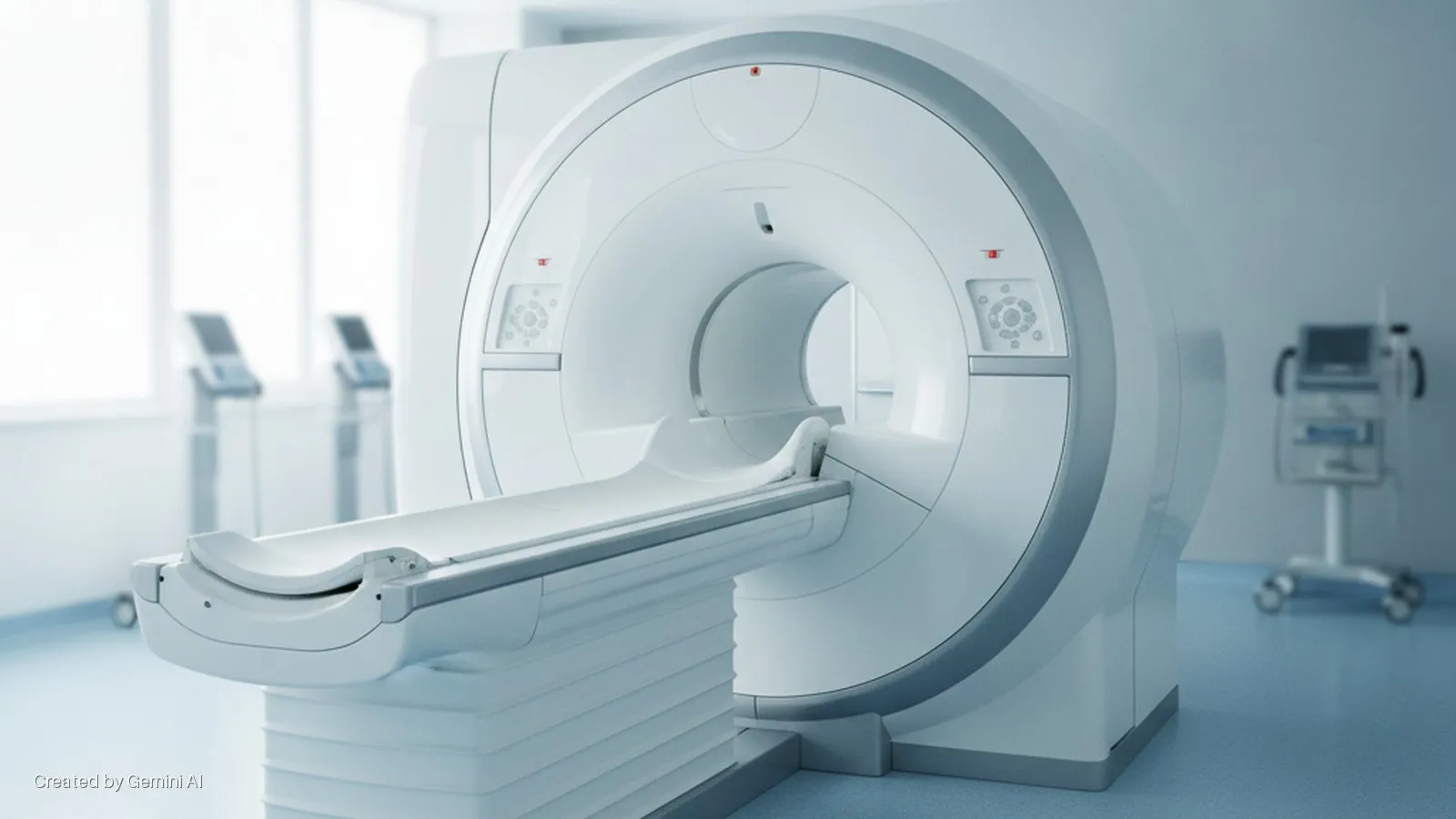 A brightly lit medical imaging room contains a large white MRI machine with its patient table extended, and other medical equipment in the background.