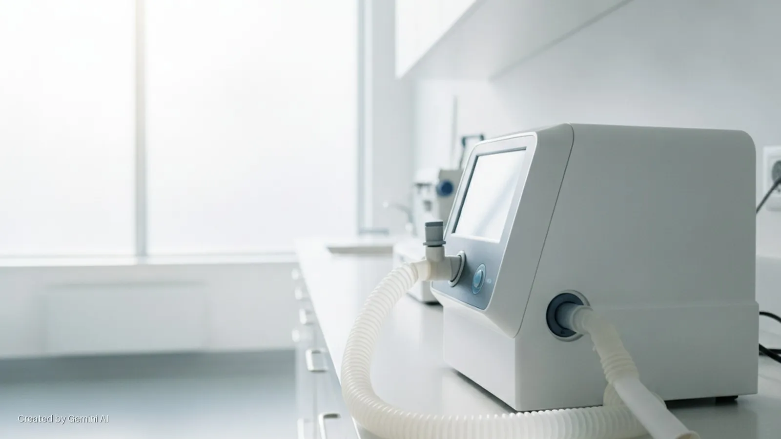 A modern white medical ventilator with an attached corrugated tube sits on a clean white counter, plugged into an outlet, in a bright, sterile room with a large window.