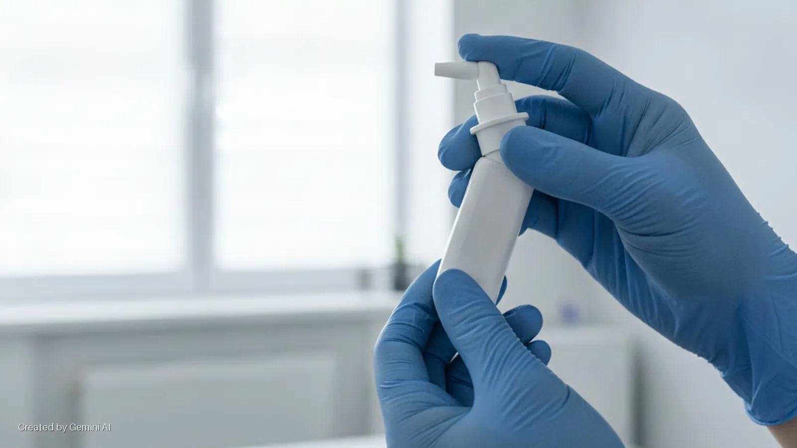 Gloved hands hold a white nasal spray bottle in bright indoor lighting near a blurred window.