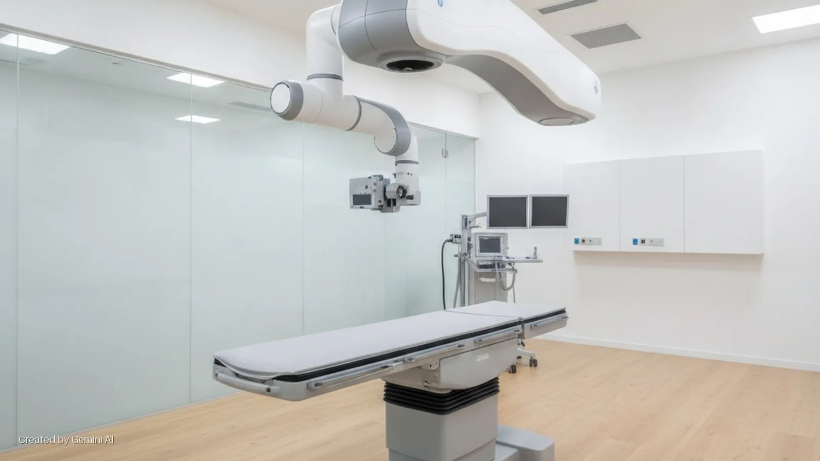 A modern, brightly lit surgical suite features a ceiling-mounted robotic arm, a grey surgical table, a medical cart with monitors, white wall cabinets, and a frosted glass partition, all on a light wooden floor.