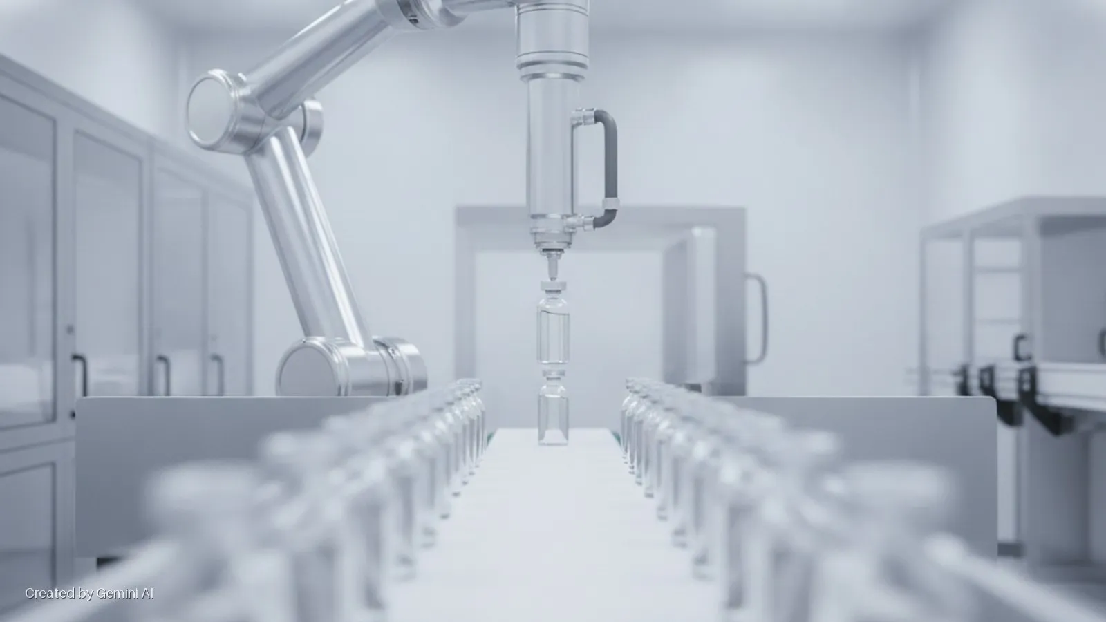 A robotic arm dispenses liquid into clear vials on a conveyor belt in a bright, sterile cleanroom.