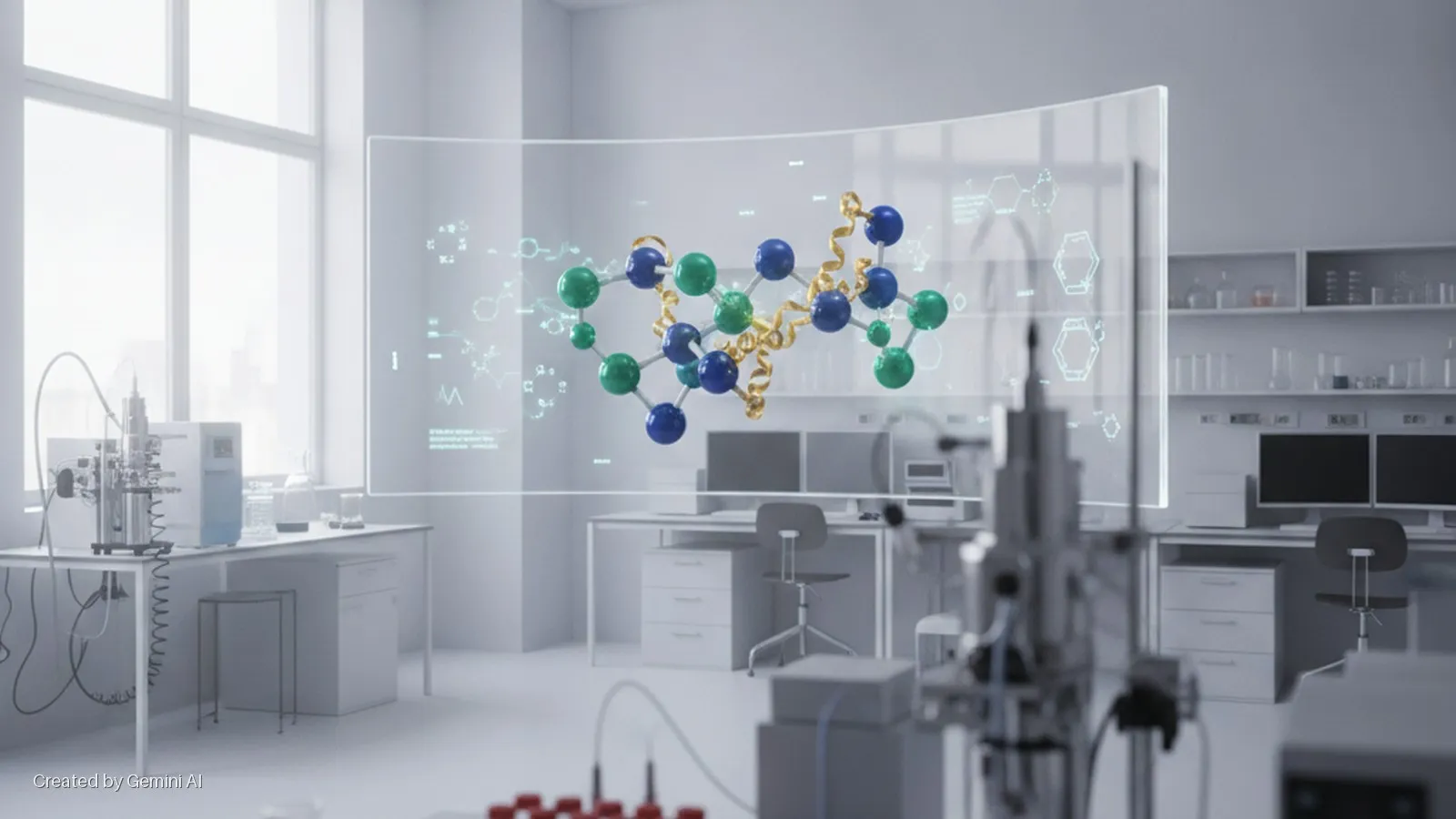 A bright, modern laboratory, naturally lit by a large window, features a translucent display showcasing a 3D molecular structure of blue and green spheres connected by gold ribbons, surrounded by chromatography equipment, computer monitors,