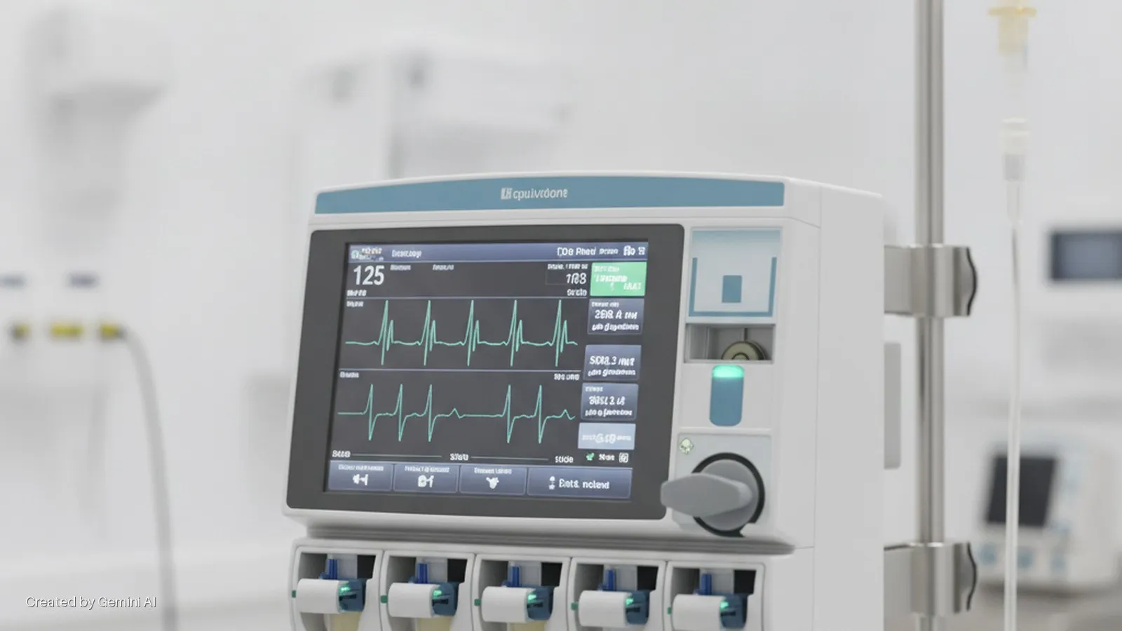 A brightly lit medical monitor displays a heart rate of 125 and two green ECG waveforms, along with various numerical data and multiple illuminated modules at its base, positioned in a medical room next to an IV pole.
