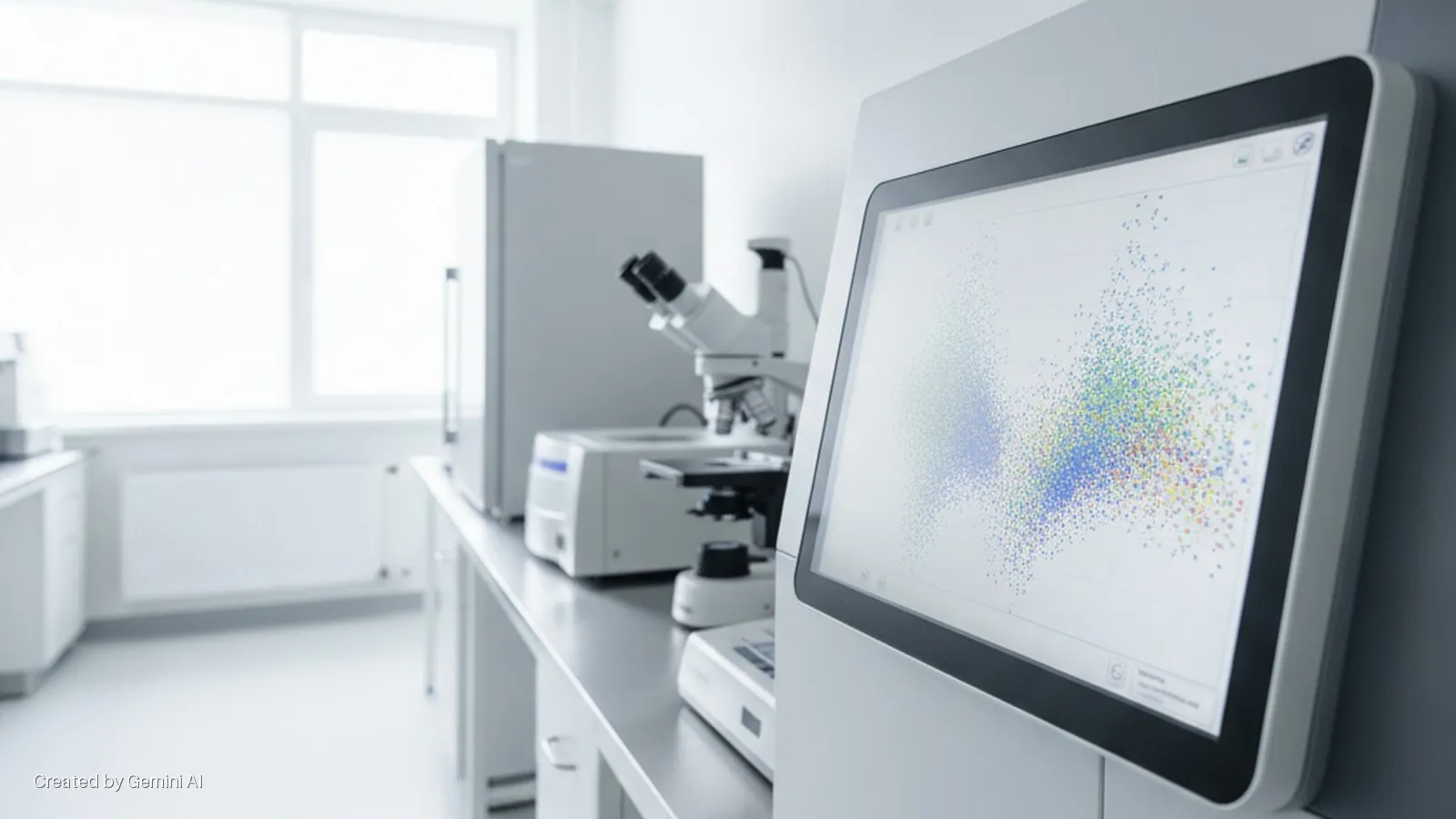 A bright laboratory features a counter with a microscope, a refrigerator, and other scientific instruments, with a computer display in the foreground showing a multi-colored scatter plot.