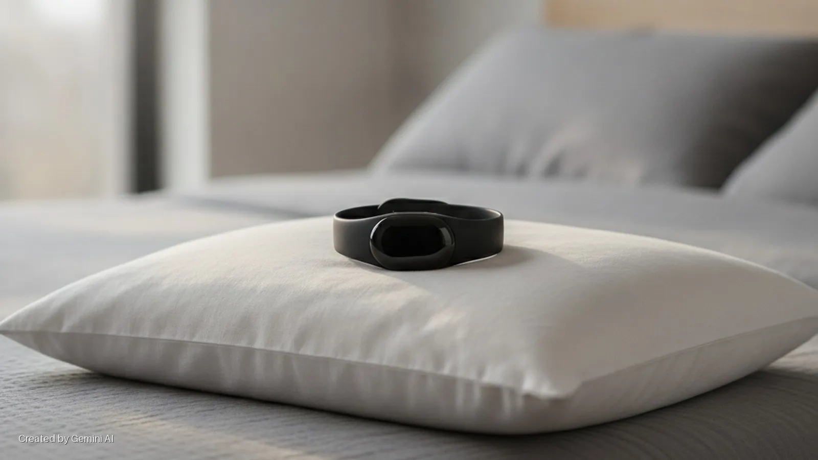 A black sleep tracker rests on a white pillow on a grey bed in a softly lit bedroom.