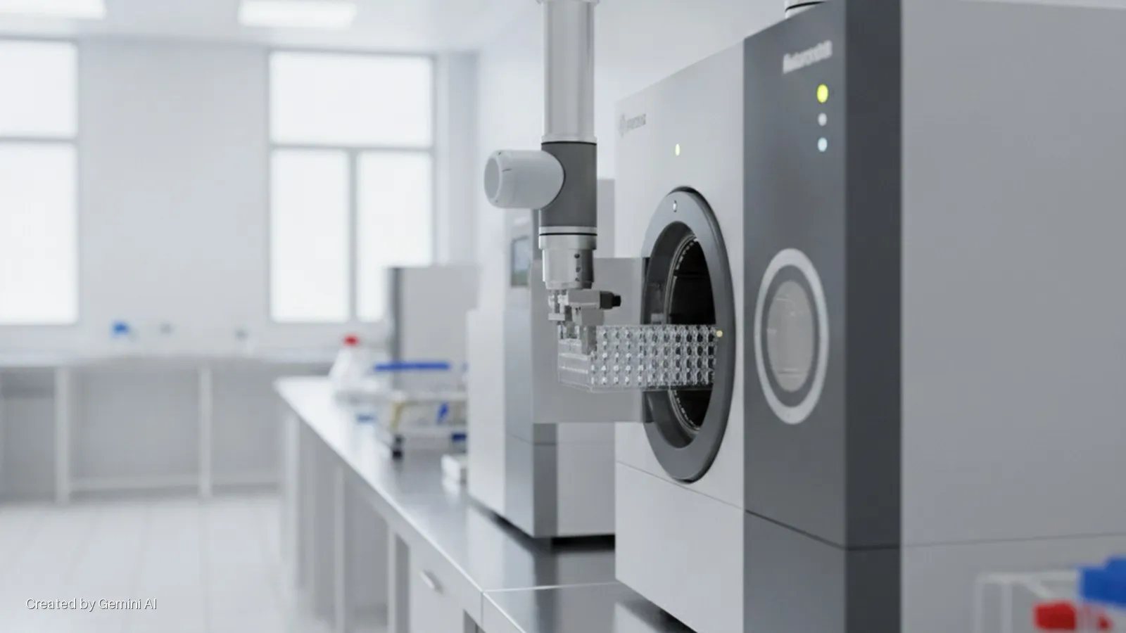 A robotic arm holding a multi-well plate is inserted into a modern laboratory automation system on a stainless steel bench in a brightly lit, clean lab with white walls and windows.