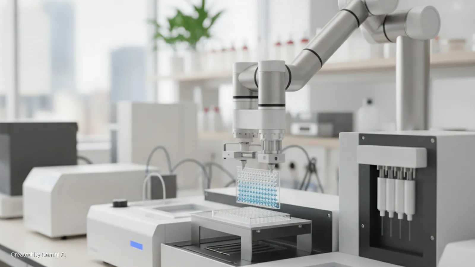 A robotic arm positions a microplate with blue samples above another plate, surrounded by various white laboratory machines in a bright, modern lab setting.