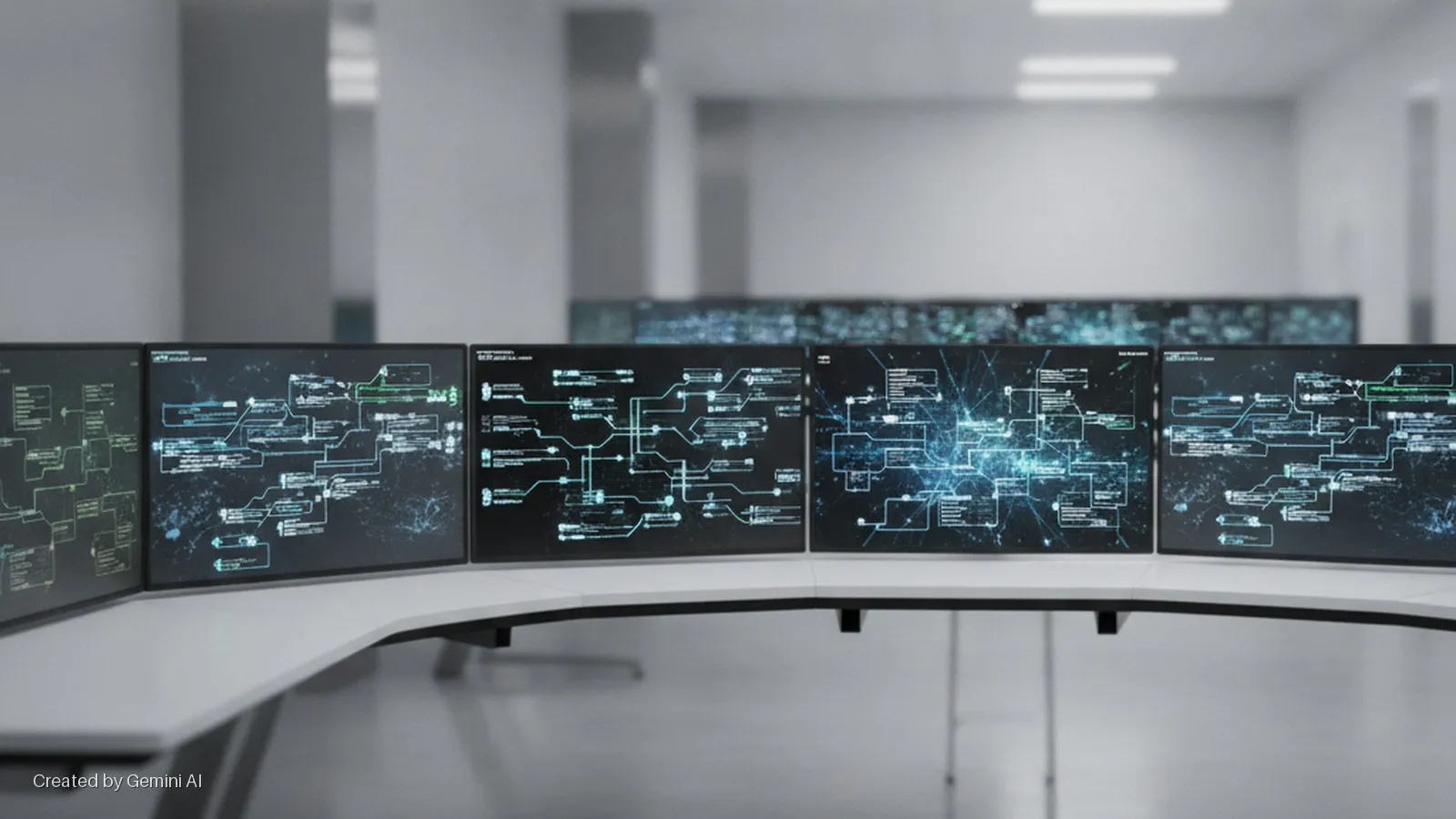 A control room features a curved desk with multiple computer monitors displaying complex network diagrams and data, illuminated by bright overhead lighting.