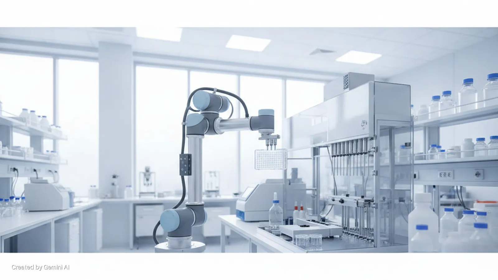 A bright, clean laboratory features a robotic arm transferring liquids in a multi-well plate, surrounded by automated liquid handling systems, analytical instruments, and shelves stocked with various bottles and glassware.