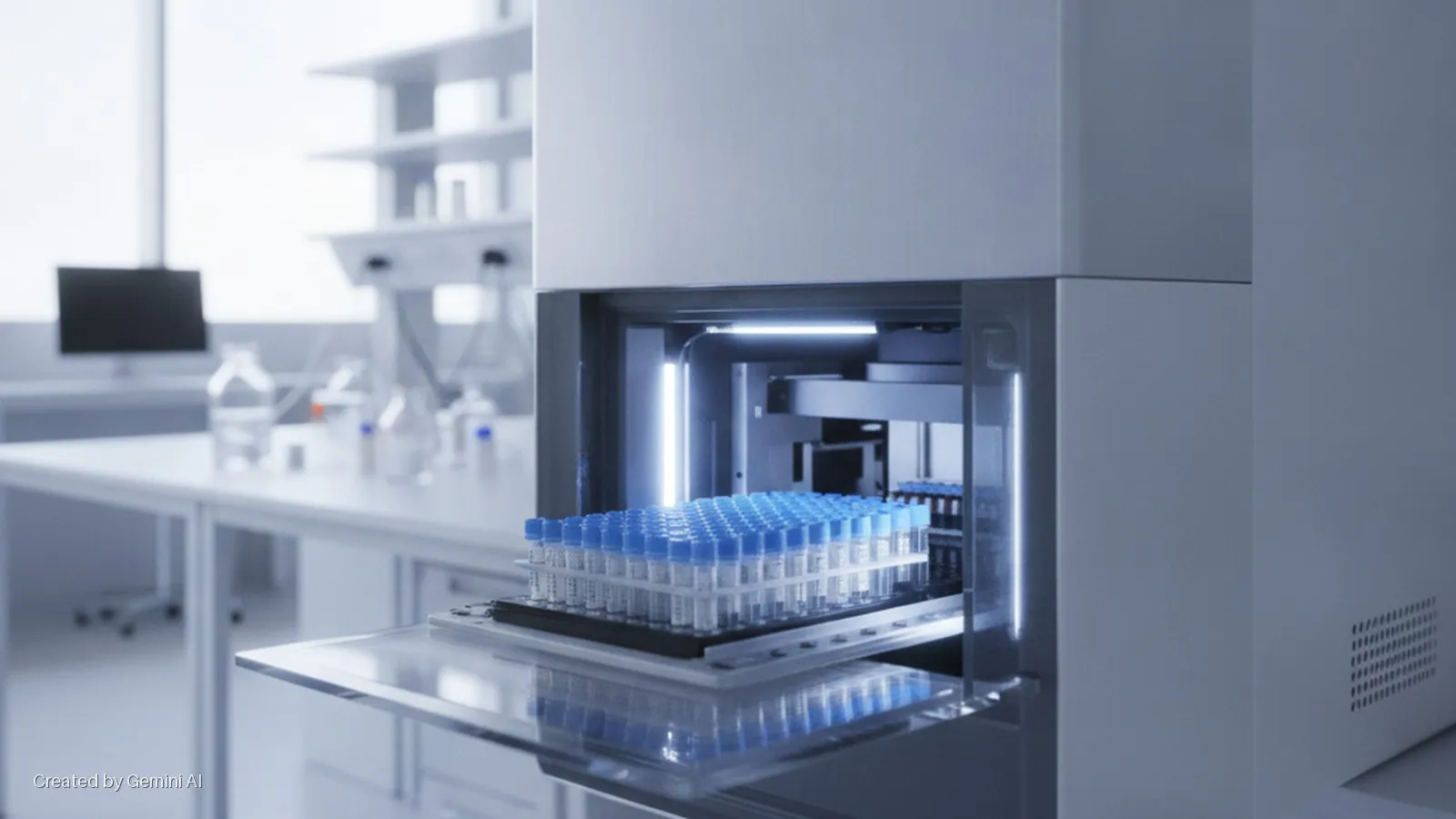 An automated laboratory instrument with glowing blue internal lights contains racks of blue-capped test tubes, set in a brightly lit modern lab with blurred background equipment.