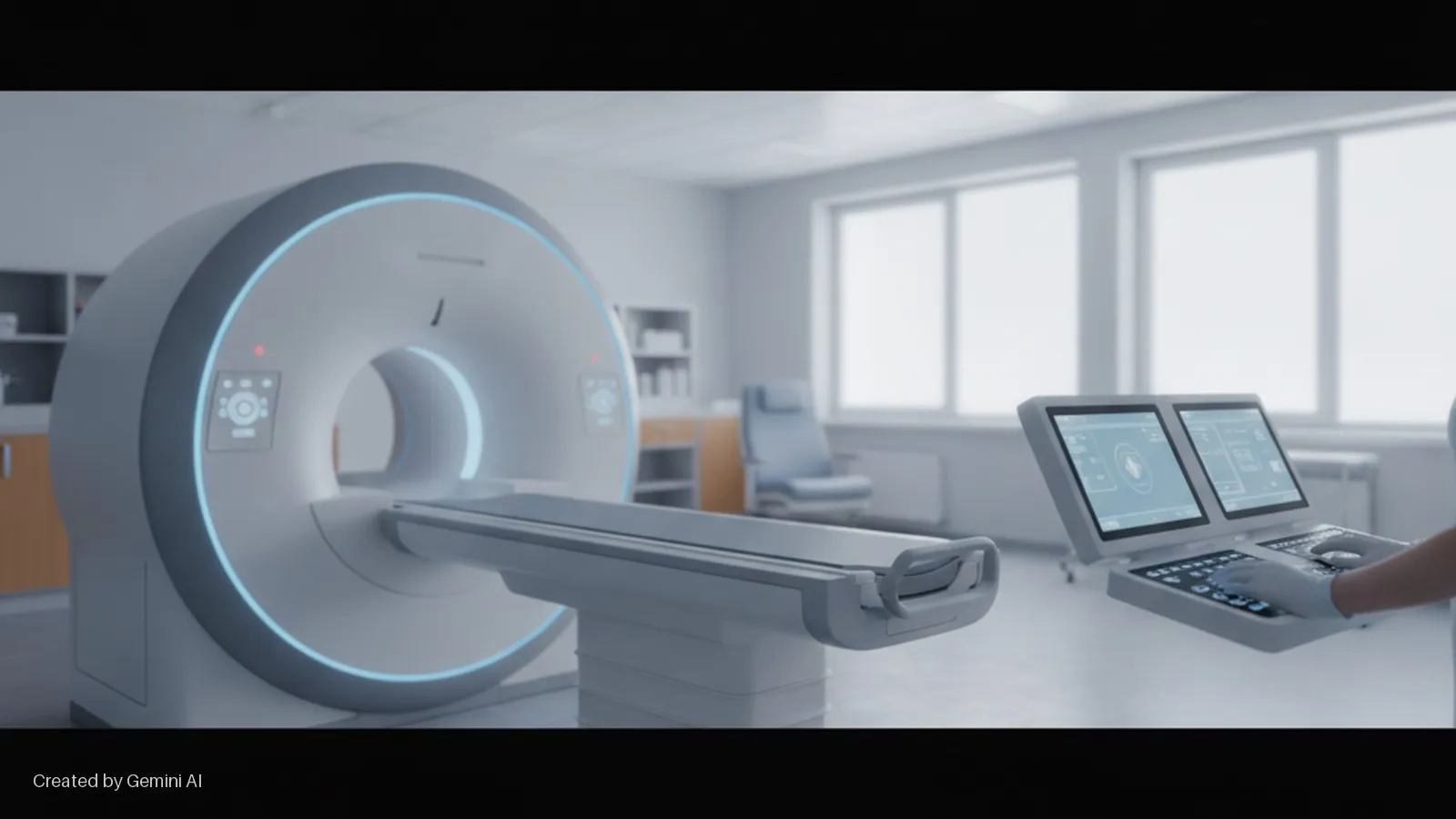 A brightly lit medical scanning room features a modern MRI machine with a glowing blue ring, a medical professional's gloved hand operating a dual-screen control panel, and large windows.