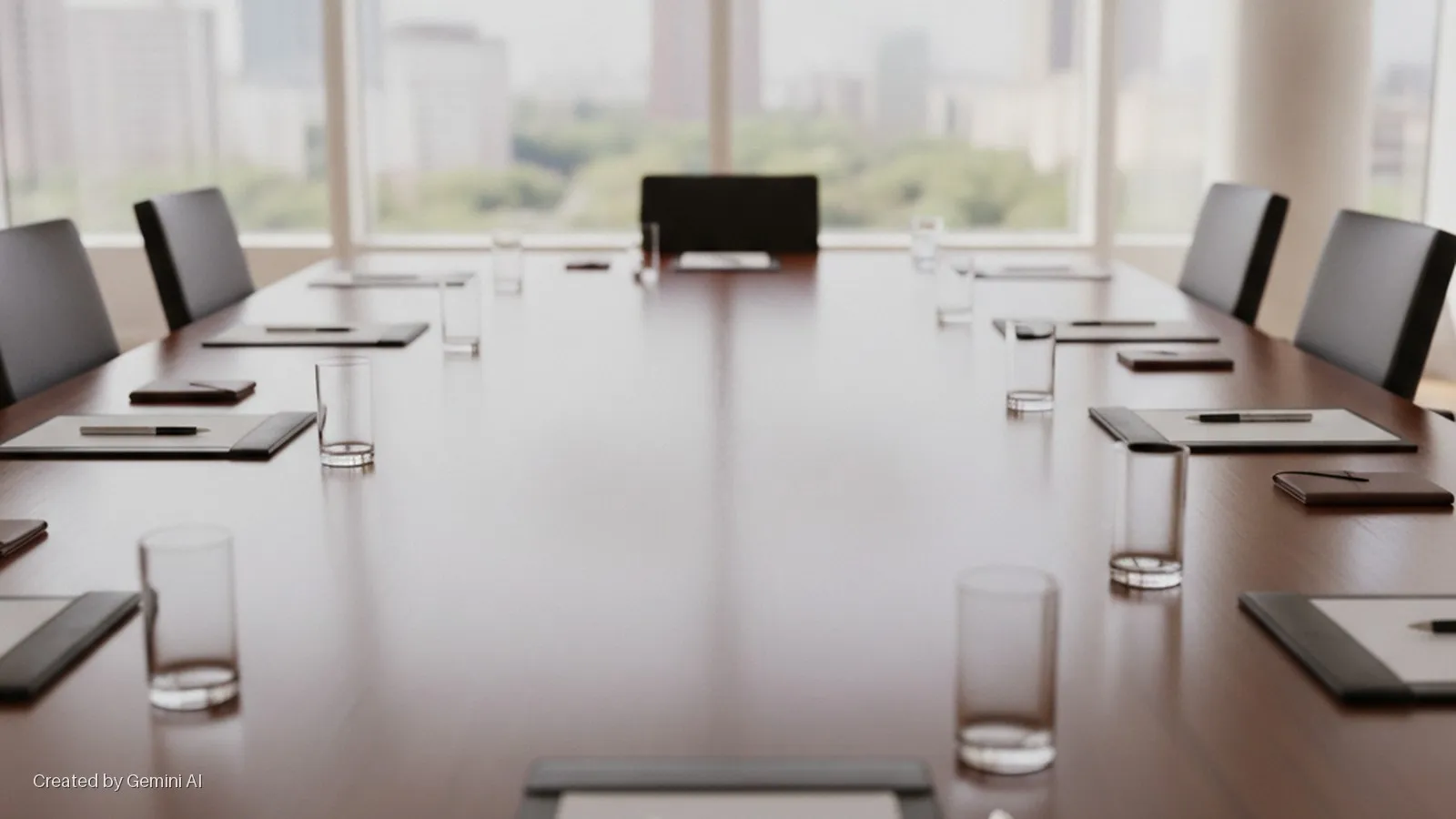 A long wooden conference table with black chairs and individual settings of paper pads, pens, and water glasses is brightly lit by natural light from large windows overlooking a city skyline.