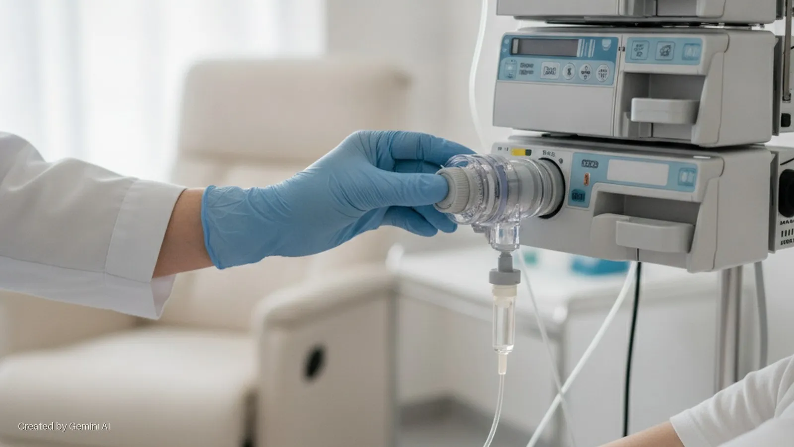 A gloved hand adjusts a clear control on an IV infusion device attached to a medical pump, with a patient's arm and a bright hospital room in the background.