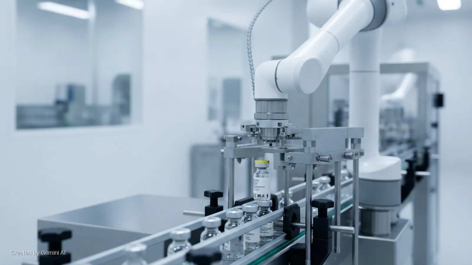 A white robotic arm handles clear glass vials on a conveyor belt within a brightly lit, sterile cleanroom facility.