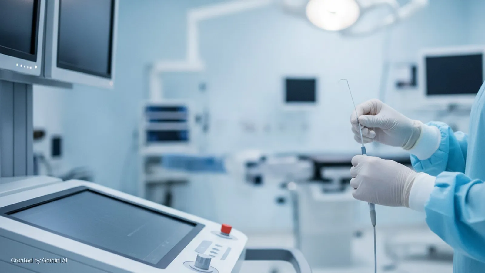 Gloved hands in a surgical gown hold a curved medical instrument in a brightly lit operating room with medical monitors and a control panel in the foreground.