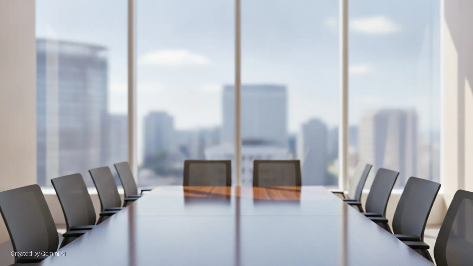A bright conference room features a long, reflective conference table surrounded by multiple gray office chairs, overlooking a blurred city skyline through large windows.