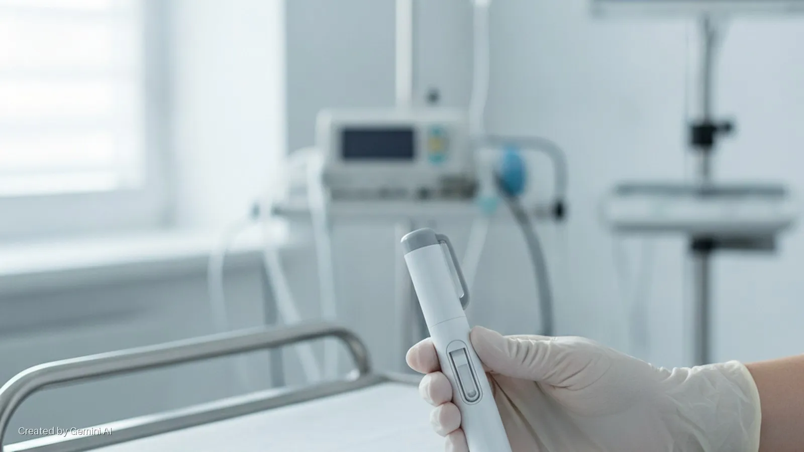 A gloved hand holds a white medical diagnostic tool with a grey clip and slider, in a brightly lit hospital room with a bed rail and blurred medical equipment in the background.