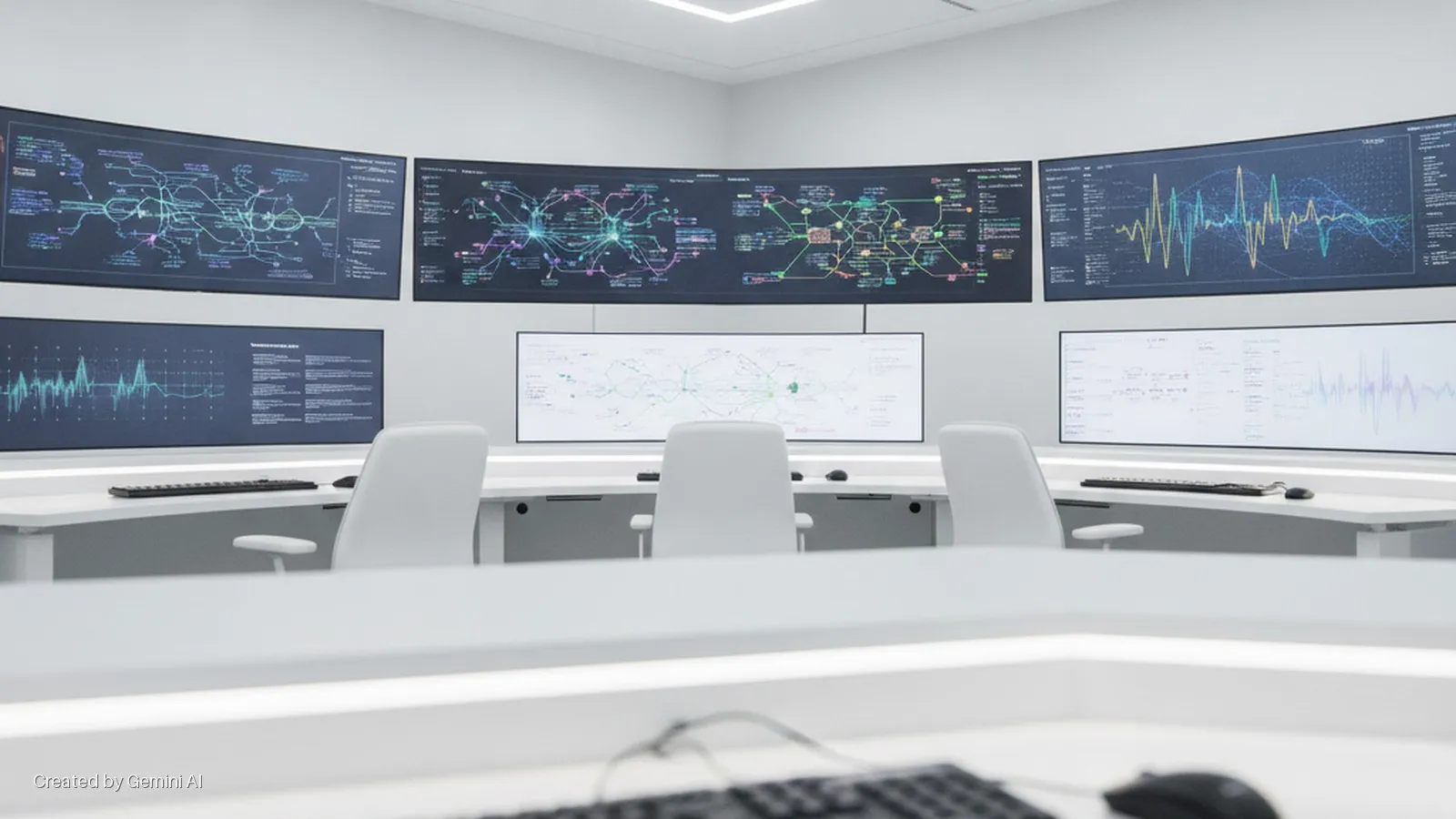 A brightly lit, modern control room features a curved white desk equipped with keyboards and mice for three white office chairs, surrounded by multiple large curved and horizontal screens displaying colorful data visualizations, network dia